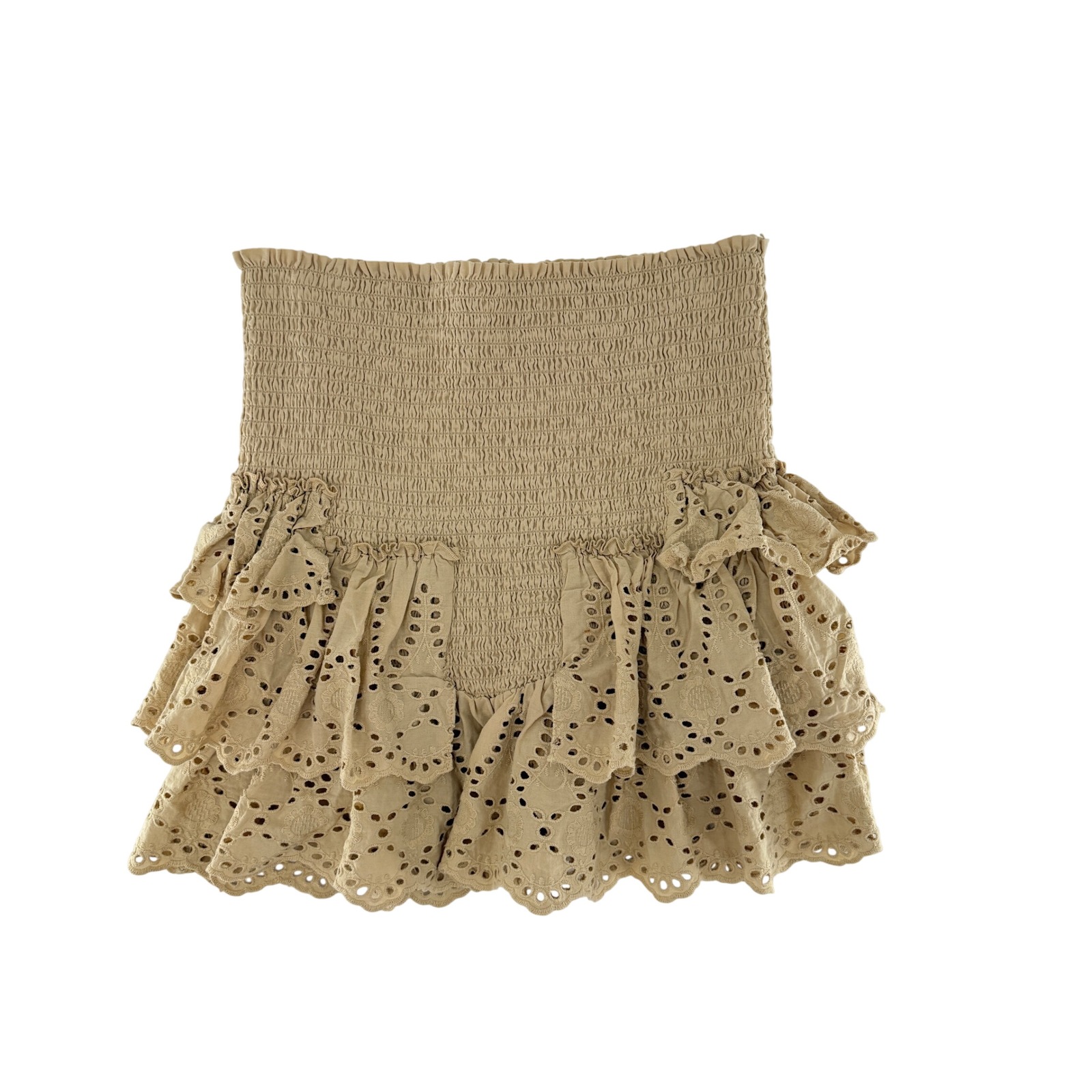 Eyelet Ruffle Mini Skirt Smocked Waist Tiered Beach Tan Beige Western Cowgirl